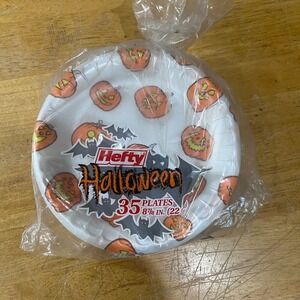 Vtg Hefty Halloween Foam Plates 35 Count Pumpkin Bat 8.875 Inch New Sealed